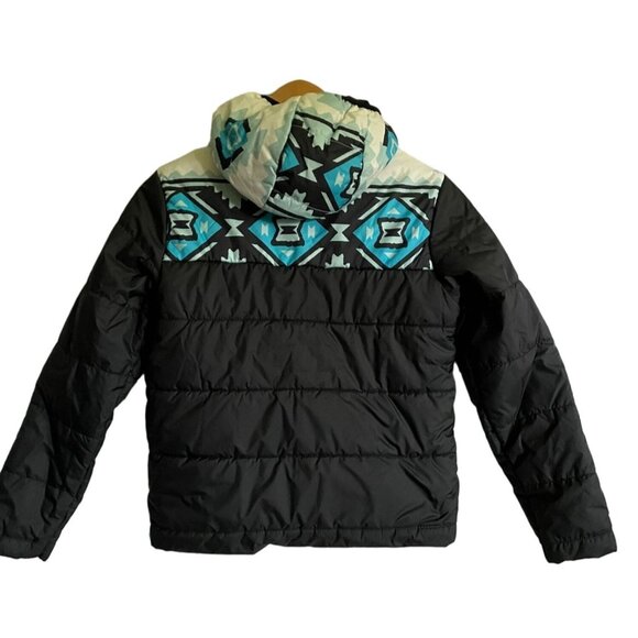 The North Face Kids Hooded Puffer Jacket Aztec Pattern Black & Blue Reversible - Picture 3 of 9